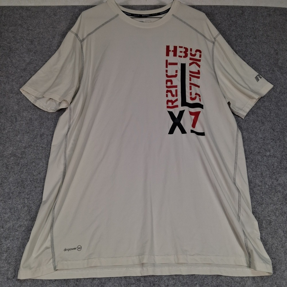 Russell Athletic Dri-Power 360 T-Shirt Mens XL Cream Respect Skills Graphic